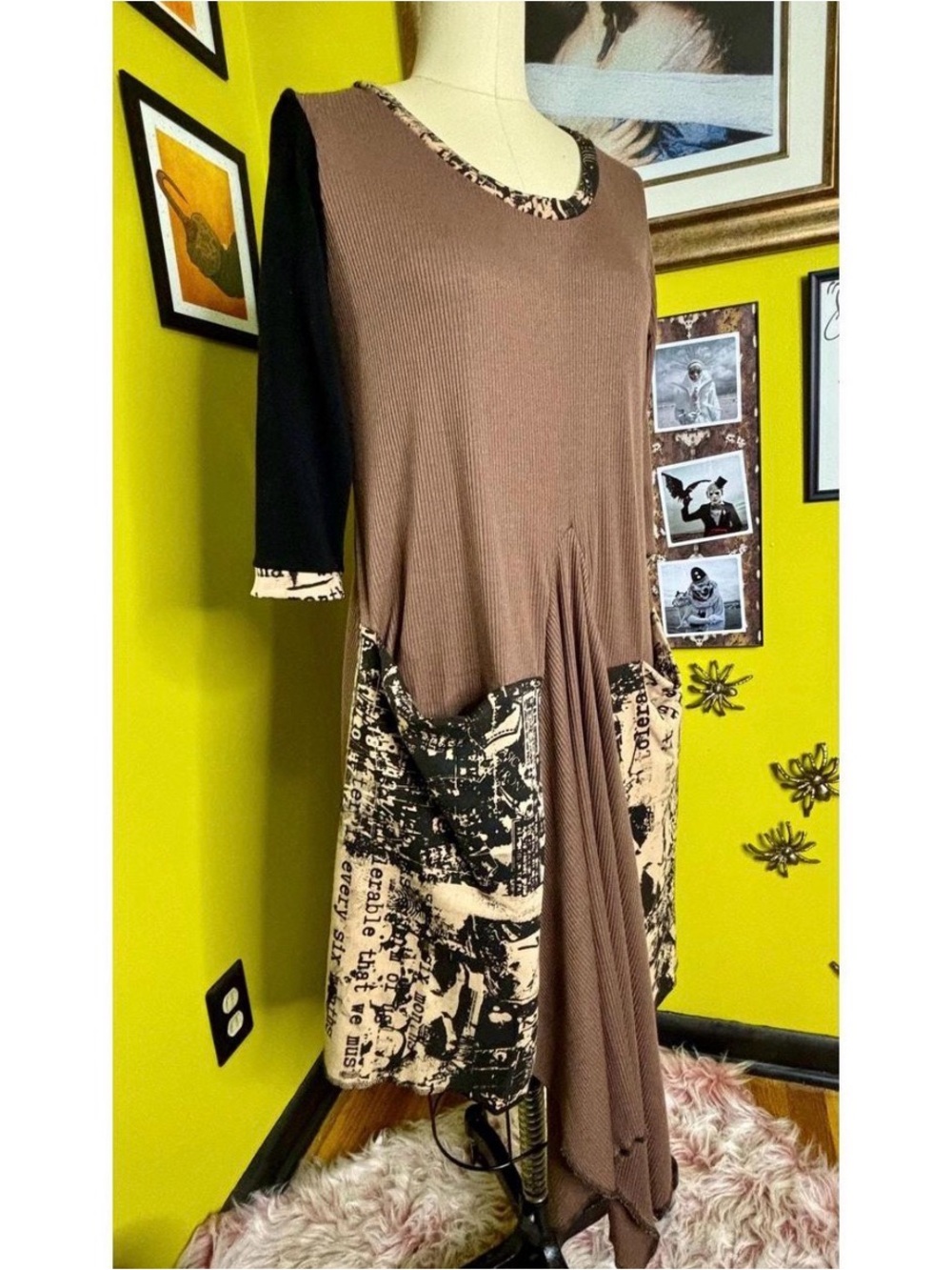 RagLuxe Brown Ribbed Knit Asymmetrical Patchwork Dress
